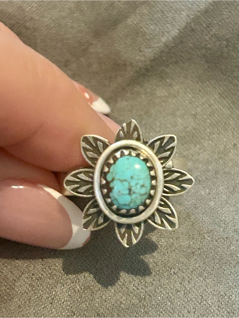 Sterling-Style Turquoise Flower Ring - Bright Blue Stone
